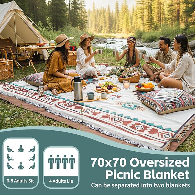 2 in 1 Extra Large Boho Beach Blanket Towel Giant Woven Outdoor Picnic Mat Camping Gear Cruise Essential 2025 Summer Vacation Must Have Airplane Travel Accessories Costa Rica Bahamas Hawaii Trip Stuff