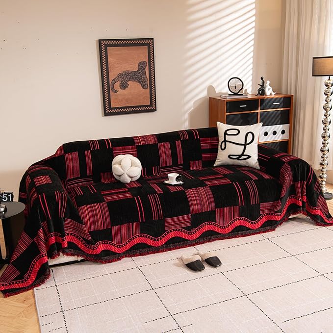 ROOMLIFE Black-Red Sofa Cover, Vintage Boho Couch Cover for 3 Cushion Sofa, Non Slip Chenille Sofa Slipcovers for Dog, Washable Furniture Sofa Protector Cover with Tassel for Living Room, 71''X118”
