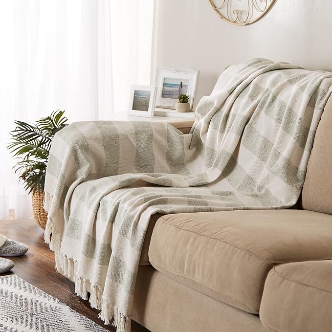 DII Rustic Farmhouse Cotton Cabana Striped Blanket Throw with Fringe, 50 x 60 - Cabana Striped Artichoke