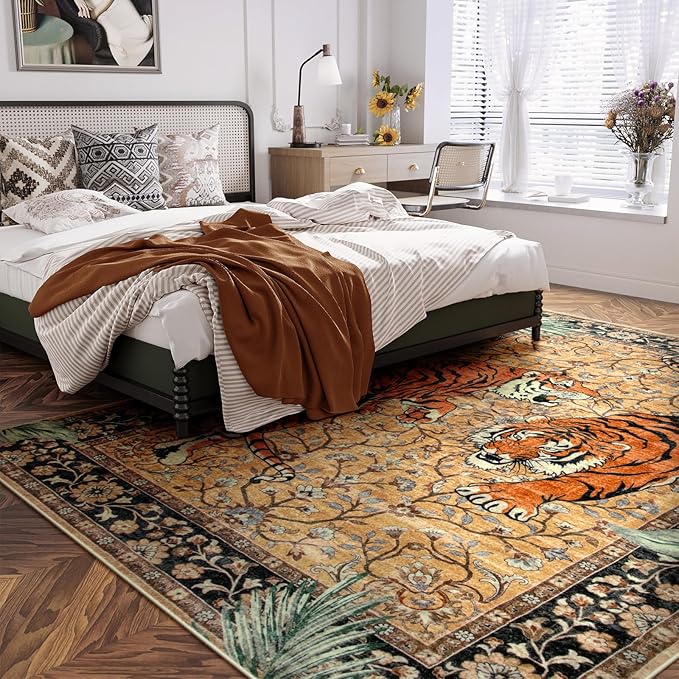Moynesa Tiger 9x12 Rug, Boho Washable 9 x 12 Area Rugs for Living Room, Vintage Soft Large Dining Room Rug, Non Slip Ultra Thin Floor Carpet for Bedroom Guest Room Office, Camel
