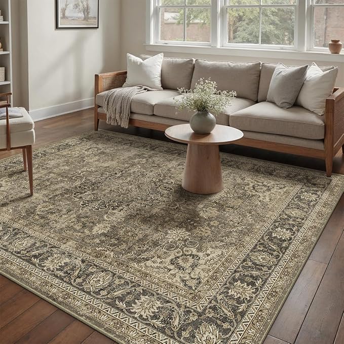 5x7 Washable Brown Area Rug Vintage Living Room Bedroom Carpet Non-Slip Soft Medium Pile Distressed Indoor Throw Rug for Dining Room Entryway Office
