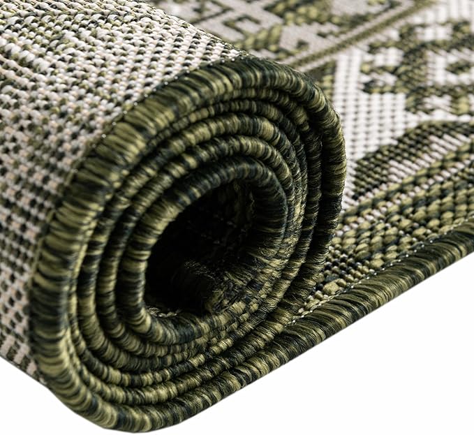 Rugs.com Outdoor Aztec Collection Rug – 13 Ft Round Green Flatweave-Pile Rug Perfect for Kitchens, Dining Rooms