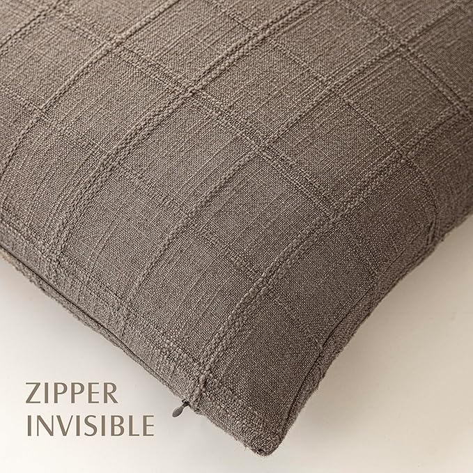 Foindtower Set of 2 Decorative Linen Check Throw Pillow Covers Neutral Farmhouse Lumbar Cushion Covers Modern Boho Home Decor for Sofa Chair Couch Bedroom Living Room,12×24 Inch,Taupe Grey