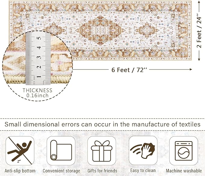 Amearea Vintage Design Runner Rugs for Living Room, 2x6 Machine Washable Floral Collection Traditional Bedroom Rug, Low Pile Cute Kids Room Print Carpet, No Slip Office Kitchen Home Decor, Gold Yellow