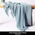 Chardin home Stonewash Blue Waffle Weave Throw, 50x60 Inch 100% Cotton- Large, Wearable, Breathable, Skin-Friendly & Cozy Everyday use Blanket for Couch, Bed, Sofa - Soft & Lightweight Picnic Rug