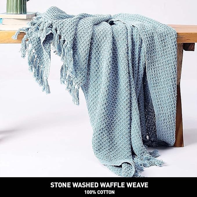 Chardin home Stonewash Blue Waffle Weave Throw, 50x60 Inch 100% Cotton- Large, Wearable, Breathable, Skin-Friendly & Cozy Everyday use Blanket for Couch, Bed, Sofa - Soft & Lightweight Picnic Rug