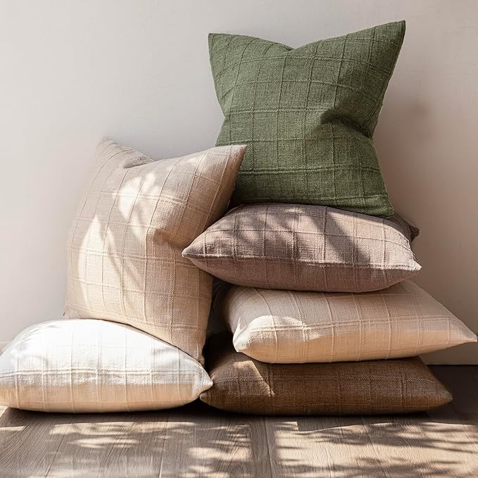 Foindtower Set of 2 Decorative Linen Check Throw Pillow Covers Neutral Farmhouse Vintage Cushion Covers Modern Boho Home Decor for Sofa Chair Couch Bedroom Living Room,18×18 Inch,Sage Green