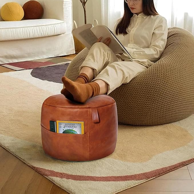 Thgonwid Unstuffed Faux Leather Pouf Cover Handle, Footstool Ottoman Storage Solution, Floor Footrest Cushion, 16.5”Dx12”H, No Filler, (Pocket-Handle) Amaretto