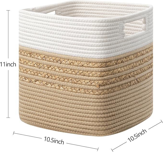 UBBCARE Set of 4 Storage Cubes 13 X 13 X 13 in, Water Hyacinth Storage Bins for Shelves, Toys, Book, Storage Baskets with Handles, Cotton Rope Woven Baskets for Organizing, Brown