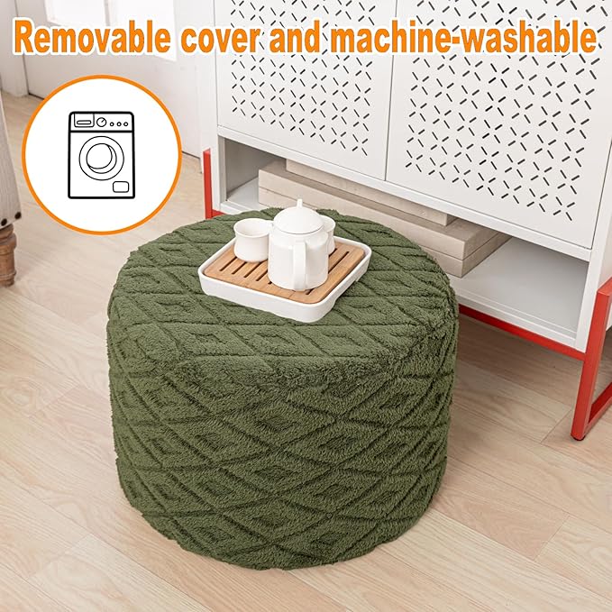 Fluffy Round Ottoman Pouf with All-in-One Foam Filling 20" x 14" Furry Ottoman Foot Rest Foot Stool for Living Room or Bedroom (Green)