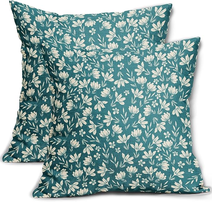 Teal Pillow Covers 24x24 Set of 2 Vintage Floral Rustic Old Style Cute Flower Print Decorative Outdoor Pillowcases Seasonal Farmhouse Throw Cushion Case Decor for Couch Sofa Bed