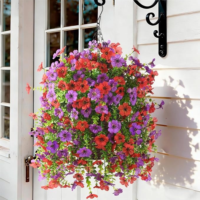 Artificial Flowers Hanging Baskets, 4 Bundles Outdoor Hanging Basket Spring Summer Decoration, No Fade Realistic Fake Flowers Plants for Porch Patio Balcony Home Yard Decor(Red Purple)