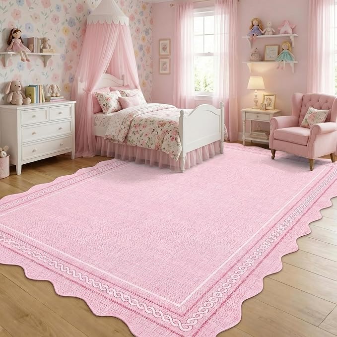 Garvee Scalloped Washable Rug 5x7 Area Rugs for Living Room Non Slip Throw Rugs Bedroom Rugs Low Pile Farmhouse Soft Non Shedding Stain Resistant Carpet for Girls Room Office Nursery 5'x7' Pink