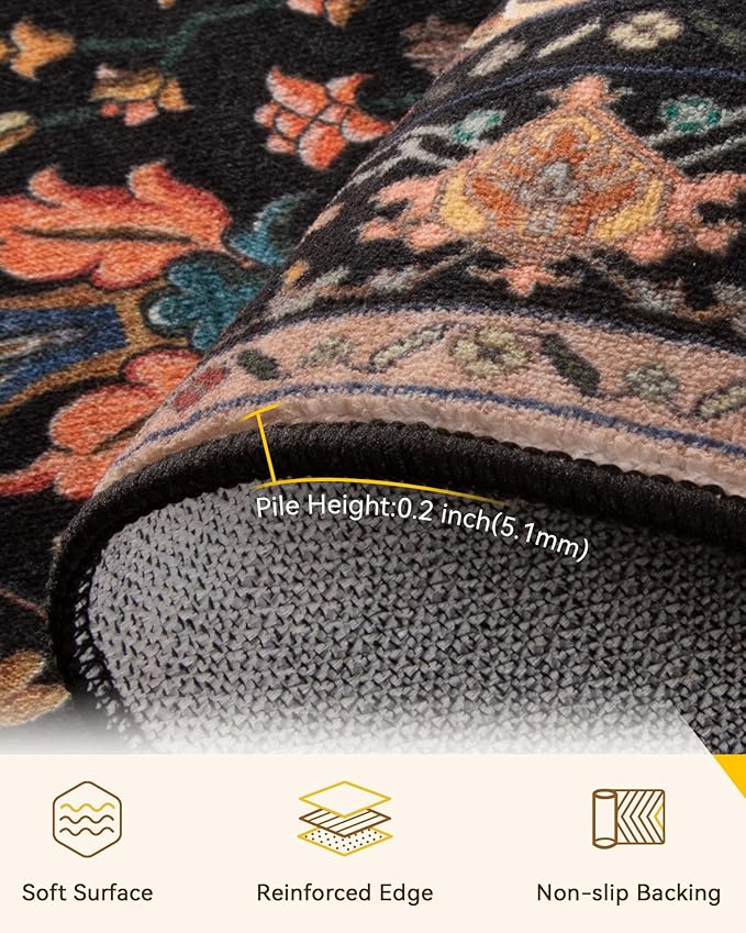 Area Rugs 2'6''x10' Runner Rug Non Slip Washable for Kitchen Hallway Bedroom Beside Laundry Room Bathroom Rug, Floor Carpet, Black Colorful Floral Dark Tan
