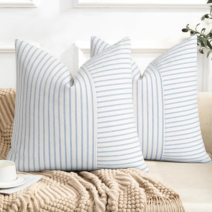 YCOLL Farmhouse Pillow Covers 18x18, Modern Accent Square Throw Pillow Covers Set of 2, Light Blue and Beige Striped Patchwork Linen Decorative Cushion Covers for Couch Chair Bedroom Home Decor
