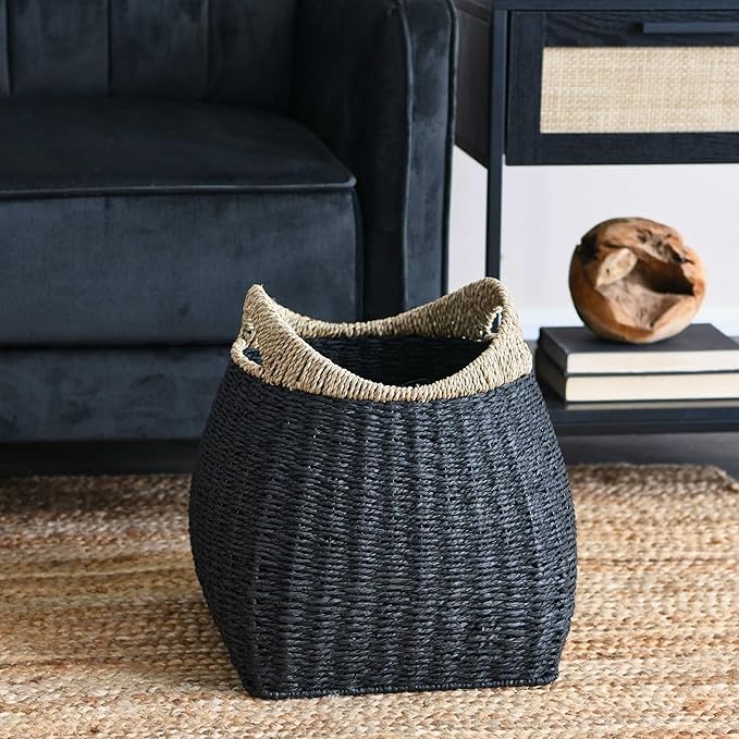 Household Essentials Handled Basket, Two Tone Seagrass and Paper Rope