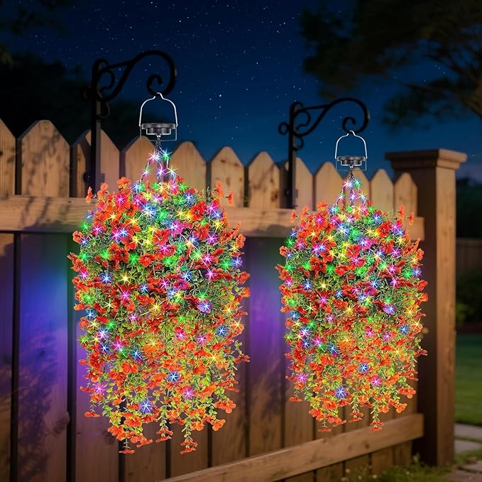 Outdoor Hanging Basket with Artificial Flowers: Fake Plants Basket with Solar String Lights for Garden Enthusiasts - 10 Inches Solar Faux Silk Flower Baskets for Home Porch Wall Patio Tree Decor