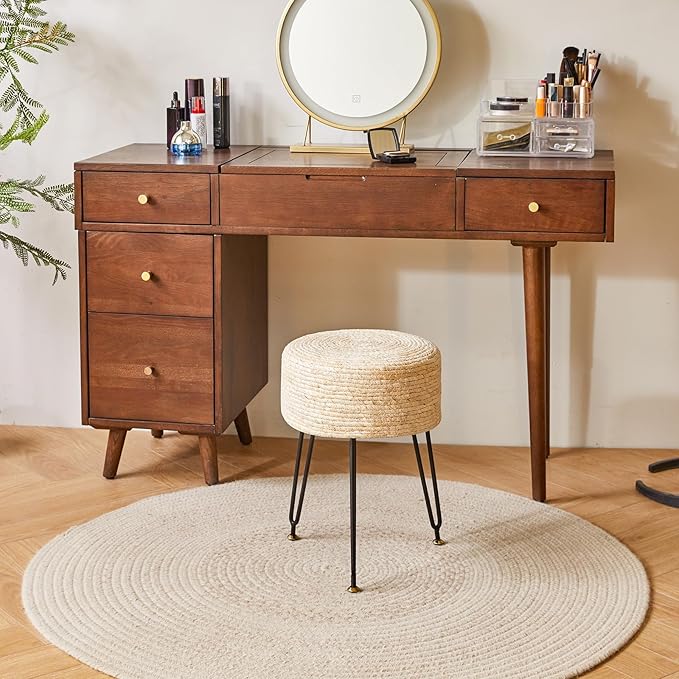 YMYNY Pouf Ottoman, Handmade Natural Water Hyacinth, Pastoral Style Footrest, Footstool with 4 Metal Legs Round Vanity Stool for Bedroom, Hallway, Living Room 12.59"L×12.59"W×17.71"H Beige UHBD029M