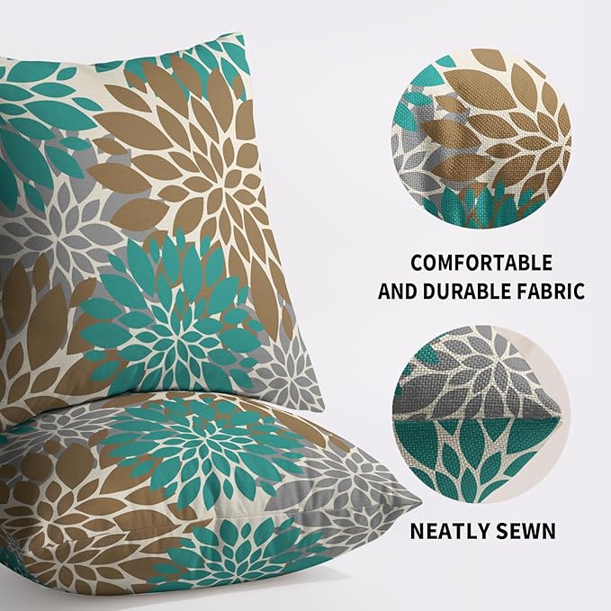 Brown Teal Pillow Covers 22X22 Inch Set of 2, Dahlia Flower Spring Summer Floral Cream Decorative Throw Pillow Covers Outdoor Modern Farmhouse Cushion Case for Home Couch Sofa Bed Decor