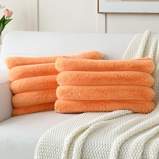 FUTEI Orange Decorative Throw Pillow Covers 12x20 Inch Set of 2, Square Soft Faux Rabbit Fur Thick Striped Lumbar Pillow Case,Spring Home Decor for Couch Bed Living Room