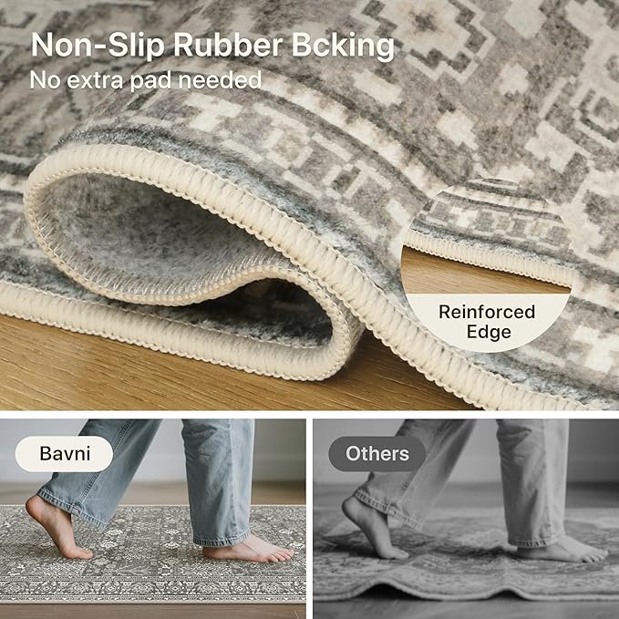 Bavni Area Rugs for Living Room, 5x7 Area Rugs Non-Slip Washable，Ultra-Thin Aesthetic Boho Rug for Bedroom Dinning Room Office, Gery