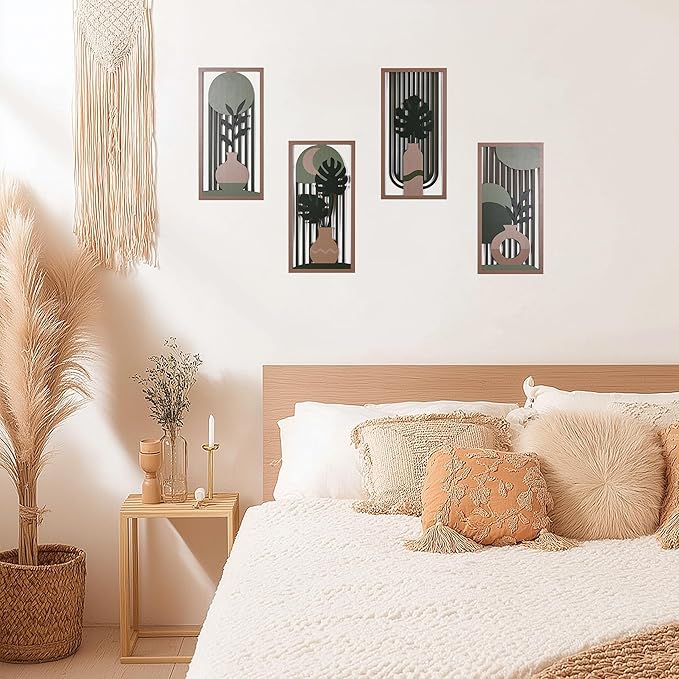 suruim Boho Wall Art Set of 4, Abstract Geometric Wooden Wall Decor, Mid-Century Modern Aesthetic Artwork with Arch, Vase & Botanical Design for Modern Home Decor for Bedroom, Office & Living Room(D)