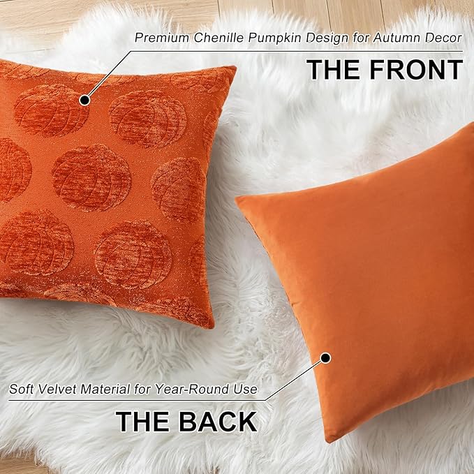 decorUhome Decorative Rust Pumpkin Thanksgiving Throw Pillow Covers 20x20 Set of 2, Soft Chenille Jacquard Farmhouse Textured Pillow Covers for Couch Bed Sofa Autumn Harvest Halloween Holiday