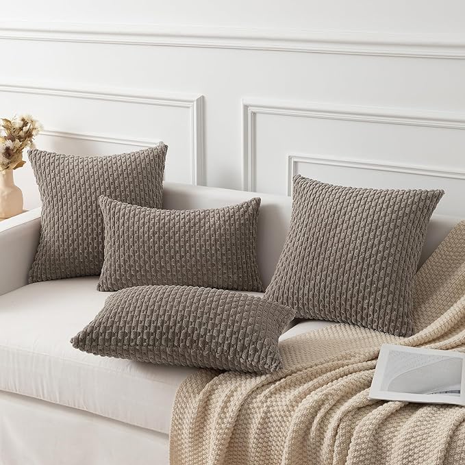 Kevin Textile 14x24 Inch Pillow Cover 1 Pack Boho Decorative Soft Striped Corduroy Lumbar Farmhouse Color Accent Rectangle Cushion Case for Living Room Couch Sofa Bed, Light Brown