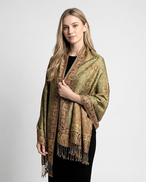 Achillea Reversible Paisley Pashmina Rave Scarf – Exotic Indian Shawls and Wraps for Evening Dresses, Festivals, All Seasons