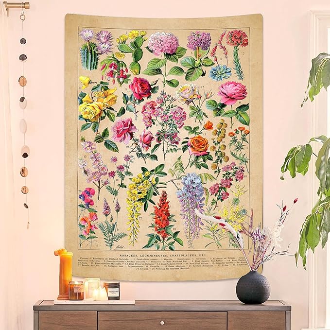 Vintage Flowers Tapestry 48”x36”, Long Vertical Wall Hanging Reference Illustrative Botanical Tapestries for Bedroom Aesthetic Floral Tapistry Botanical Plants Tapestry Wall Hanging Cute Bedroom Decor