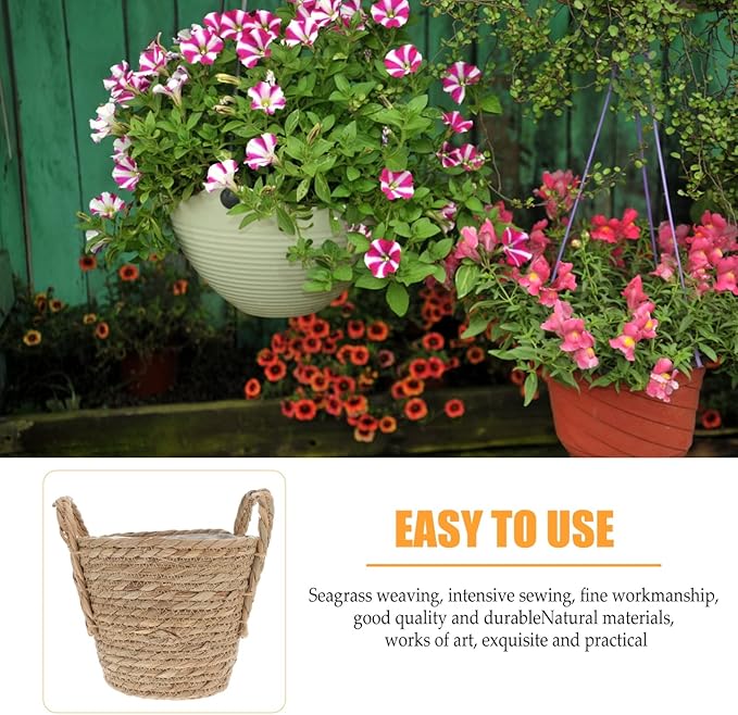 Zerodeko Seagrass Planter Basket Straw Plant Baskets Woven Basket Flower Plant Pot Wicker Plant Containers with Plastic Liner for Indoor Plants Laundry Room 20cm