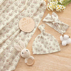 Newborn Swaddle Set with Matching Hat and Headband Bow, Wooden Birth Announcement Card, Muslin Baby Swaddle Blankets for Girls, Wildflower Pattern