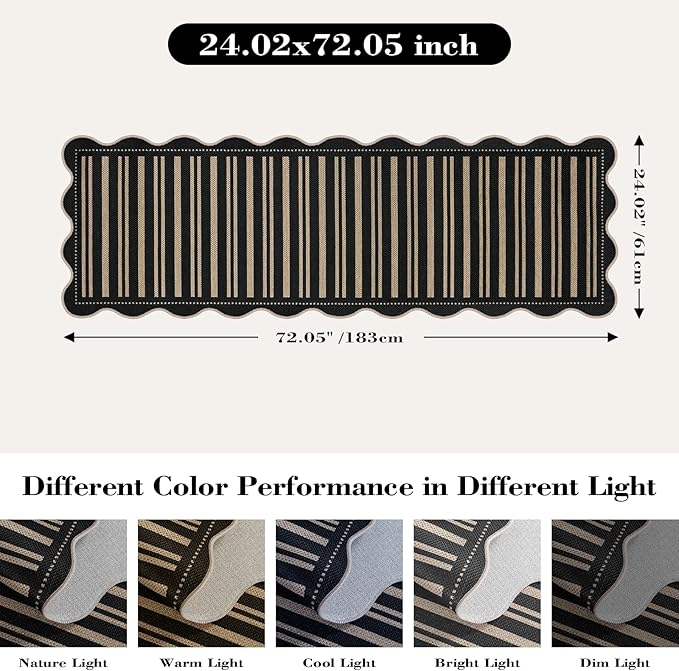Striped Easy Jute Runner Rug, 2x6 Kitchen Rug Non Slip Washable Outdoor Runner for Entryway Indoor, Farmhouse Black Indoor Outdoor Carpet for Hallway Porch Laundry