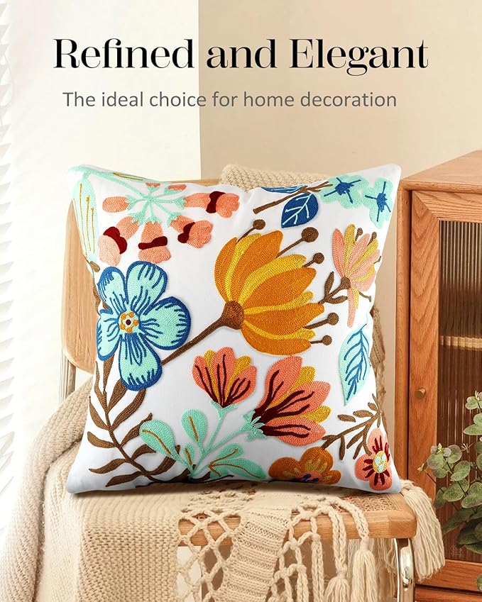 Embroidered Throw Pillow Cover - 18x18 Decorative Pillow Cover with Zipper Aesthetic Cute Design Boho Spring Summer Cozy Throw Pillowcase for Living Room Couch Sofa Bed, Elegant Flowers