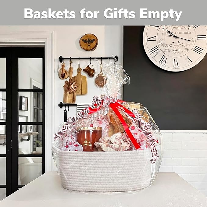 CHICVITA Storage Basket for Gifts, Small Gift Baskets Empty for Baby Showers, Decorative Cotton Rope Basket with Handles, Baby Toy Baskets for Shelves, 13 x 9.8 x 5 inches, White