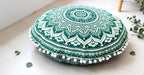 CRAFT KALA 22" IN Round Mandala Floor Pillow Cushion Cover Seating Throw Cover Hippie Decorative Bohemian Ottoman Poufs Cover Pom Pom Pillow Cases Boho Indian Cotton Living Room Home Décor Green Ombre