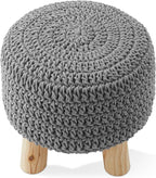 Casafield Pouf Ottoman Footstool, 13" Round x 11" High, Hand-Knitted Cotton Footrest, Non-Skid Wood Legs, Boho Foot Stool for Living Room, Bedroom (Light Gray)