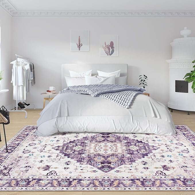 Amearea Vintage Design Area Rugs for Living Room, 6x9 Machine Washable Floral Collection Traditional Bedroom Rug, Low Pile Cute Kids Room Print Carpet, No Slip Office Kitchen Home Decor, Purple