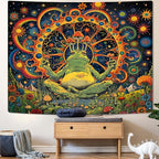 ARTCREATOR Funny Vintage Frog Mushroom Tapestry, Galaxy Space Planet Home Decor Hippie Wall Tapestries for Living Room Bedroom (70" x 90")
