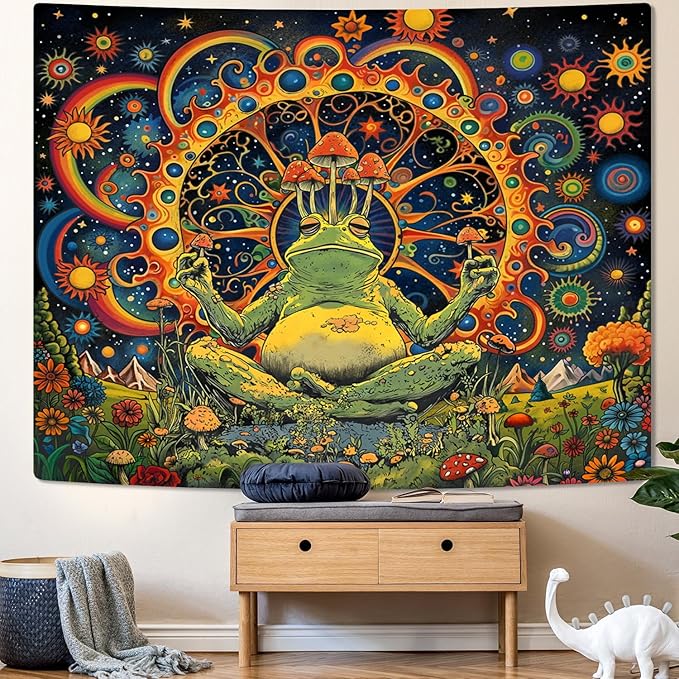 ARTCREATOR Funny Vintage Frog Mushroom Tapestry, Galaxy Space Planet Home Decor Hippie Wall Tapestries for Living Room Bedroom (70" x 90")
