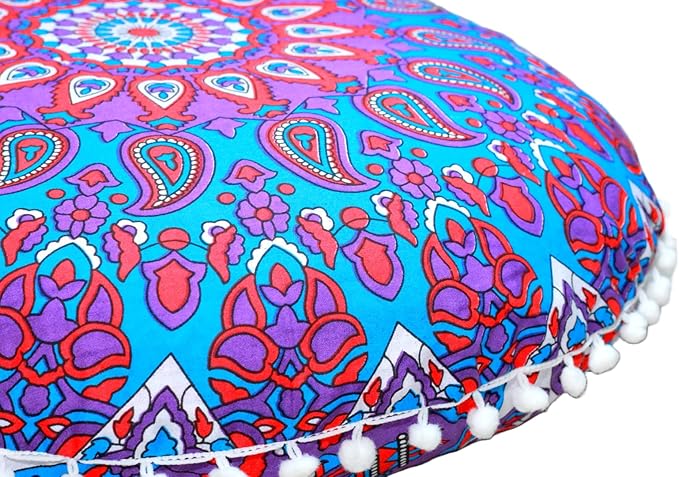 CRAFT KALA 22" Round Boho Floral Floor Pillow Cover, Purple, 22" Diameter, Cotton Fabric, Soft, Indoor Use, Washable