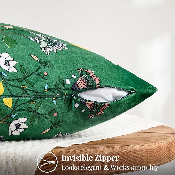 MUSSEL Dark Green Velvet Throw Pillow Covers 16x16 Pack of 2, Vintage Floral Pillow Covers, Mid Century Flower Plant Cushion Covers for Sofa Living Room Home Decor