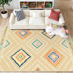 Area Rug 5x7 Rug Machine Washable Non-Slip Low Pile Print Pattern Western Rug for Living Room Bedroom Entryway Tribal Series -Cream/Beige