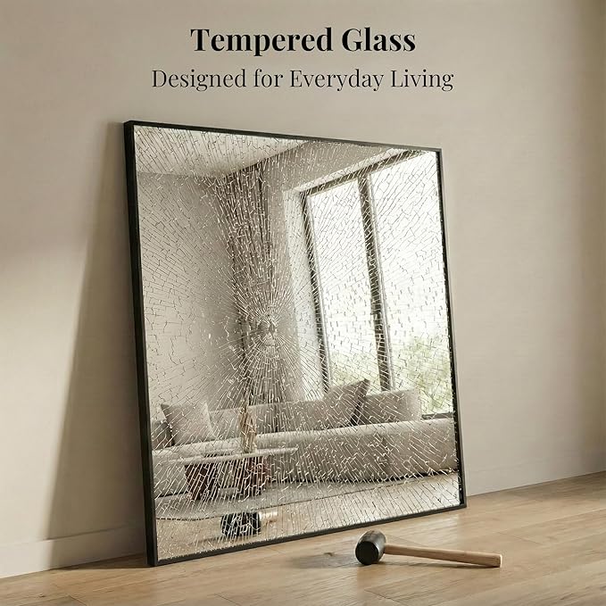 36''x36'' Large Black Square Mirror, Matte Metal Framed Bathroom Vanity Mirror, Oversized Wall Mirror for Entryway, Industrial Decor, Flush Mount