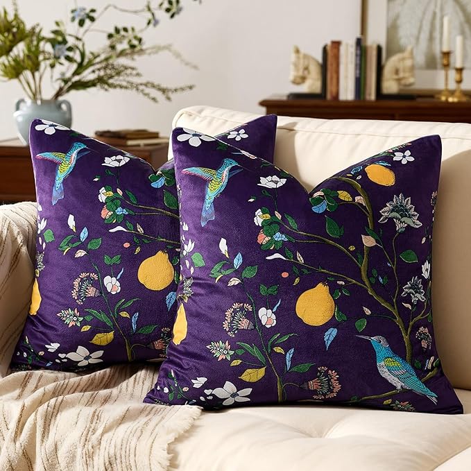MUSSEL Purple Velvet Throw Pillow Covers 16x16 Pack of 2, Vintage Floral Pillow Covers, Mid Century Flower Plant Cushion Covers for Sofa Living Room Home Decor