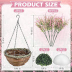 2 Sets Artificial Lavender Flowers with Hanging Basket for Outdoor Indoor Artificial Faux Hanging Flowers Plants Rattan Lining for Porch Garden Yard Spring Summer Decor(Pink)