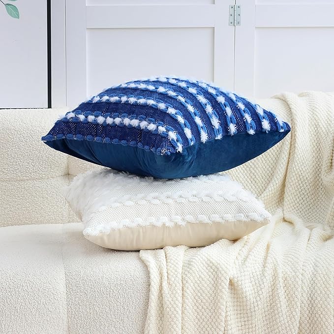 18x18 Boho Pillow Cover - Chenille Tufted Decorative Throw Pillow Cover Soft Velvet Backing, Farmhouse Striped Square Accent Pillow Case for Sofa, Couch, Bedroom, Living Room, White