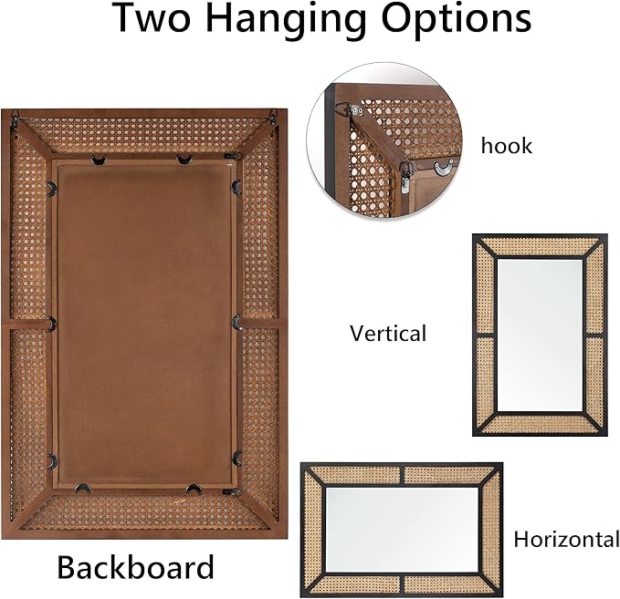 Rattan Mirror for Wall Decor Bohemian Rectangular Large Mirror 35.5" x 23.6", Farmhouse Decorative Wall-Mounted Mirrors, Hanging Mirrors, Woven Wicker, Black Wood Frame