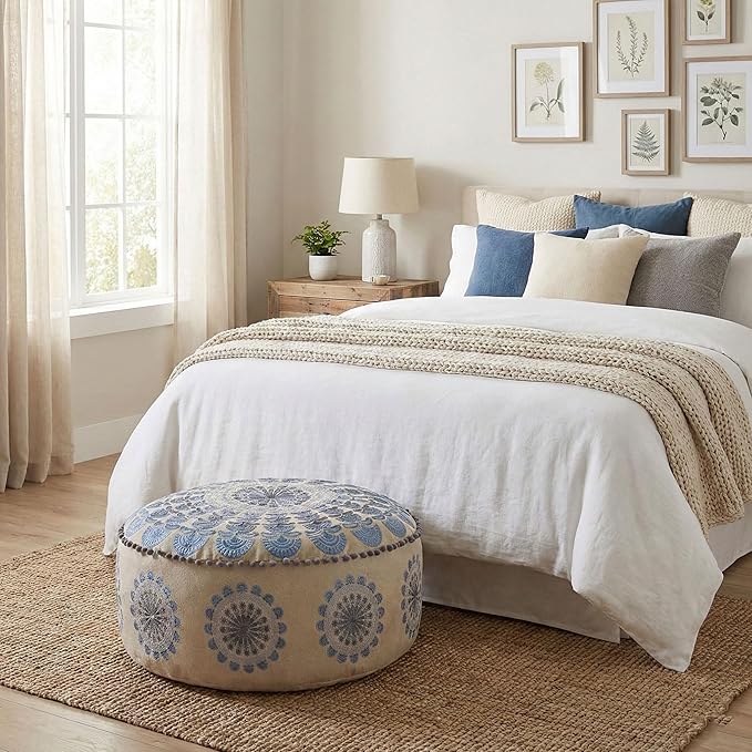 Large Round Floor Pillow Cover Blue Indian Décorative Accent Meditation Cushion Perfect for Living Room, Bedroom, Nursary or Children Room Seating Area Stool Footstool Pouf Ottoman 24x8 Unstuffed