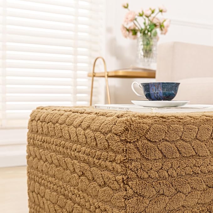 20x20x14 Inches Fluffy Square Pouf Ottoman - Plush Furry Boneless Ottoman Foot Rest Stool with High-Density Foam, Versatile Floor Seating for Living Room (Coffee)